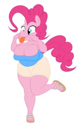 Size: 600x950 | Tagged: safe, artist:calorie, character:pinkie pie, species:anthro, species:plantigrade anthro, big breasts, breasts, busty pinkie pie, chubby, clothing, female, sandals, shorts, solo, tongue out