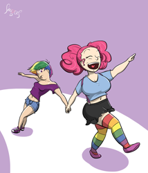 Size: 686x800 | Tagged: safe, artist:sanders, character:pinkie pie, character:rainbow dash, belly button, breasts, busty pinkie pie, clothing, converse, female, happy, humanized, midriff, shoes, thigh highs