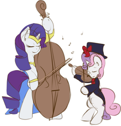 Size: 1280x1333 | Tagged: dead source, safe, artist:kryptchild, character:rarity, character:sweetie belle, species:pony, bipedal, bow (instrument), cello, clothing, commission, dress, hat, music, musical instrument, ribbon, suit, violin
