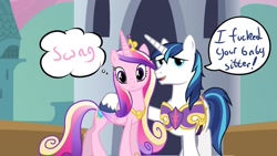 Size: 1280x720 | Tagged: dead source, safe, artist:kryptchild, edit, character:princess cadance, character:shining armor, canterlot, dialogue, speech bubble, stupid, swag, text, thought bubble, vulgar