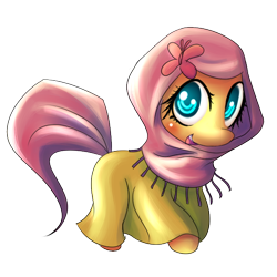 Size: 560x560 | Tagged: safe, artist:ninjaham, character:fluttershy, blushing, clothing, cute, female, hijab, islam, islamashy, looking at you, open mouth, smiling, solo