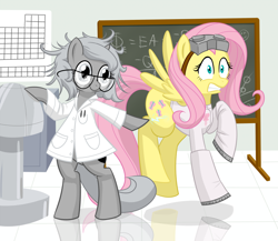 Size: 800x694 | Tagged: safe, artist:dstears, character:fluttershy, character:princess luna, species:pony, moonstuck, bipedal, clothing, crossover, cute, dr adorable, glasses, goggles, lab coat, laboratory, science, science woona, tumblr crossover, woona