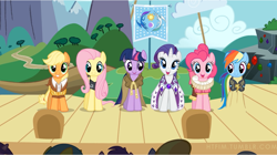 Size: 1280x716 | Tagged: safe, artist:capnpea, edit, edited screencap, screencap, character:applejack, character:clover the clever, character:fluttershy, character:pinkie pie, character:rainbow dash, character:rarity, character:twilight sparkle, episode:hearth's warming eve, g4, my little pony: friendship is magic, chancellor puddinghead, commander hurricane, fimbriae, mane six, princess platinum, private pansy, smart cookie, wat