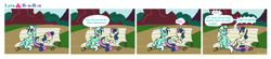 Size: 1681x369 | Tagged: safe, artist:botchan-mlp, character:bon bon, character:lyra heartstrings, character:sweetie drops, species:earth pony, species:pony, species:unicorn, bench, comic, duo, lyra is not amused, sitting, sitting lyra