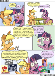 Size: 944x1294 | Tagged: safe, artist:capnpea, character:applejack, character:twilight sparkle, character:twilight sparkle (alicorn), species:alicorn, species:earth pony, species:pony, comic:three apples, advertisement, behind the scenes, comic, female, fourth wall, mare, no pupils, wing hands