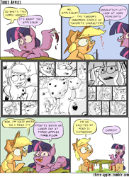 Size: 944x1294 | Tagged: safe, artist:capnpea, character:applejack, character:twilight sparkle, character:twilight sparkle (alicorn), species:alicorn, species:earth pony, species:pony, comic:three apples, comic, duo, duo female, female, mare, no pupils, sitting, sneak peek, wing hands