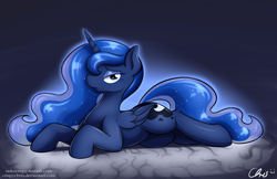 Size: 5100x3300 | Tagged: safe, artist:nekocrispy, character:princess luna, species:alicorn, species:pony, female, hair over one eye, lidded eyes, looking at you, lying down, mare, missing accessory, princess, solo