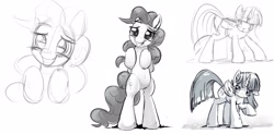 Size: 2921x1433 | Tagged: safe, artist:gsphere, character:pinkie pie, character:twilight sparkle, character:twilight sparkle (alicorn), species:alicorn, species:pony, bipedal, female, mare, monochrome