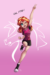 Size: 675x1000 | Tagged: safe, artist:the-park, character:sunset shimmer, species:human, g4, commission, female, simple background, solo, unicorn of love, wink