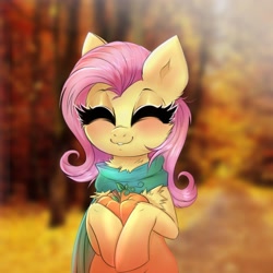 Size: 2500x2500 | Tagged: safe, artist:confetticakez, character:fluttershy, species:pegasus, species:pony, g4, autumn, blushing, cheek fluff, chest fluff, clothing, cute, eyes closed, pumpkin, scarf, shyabetes, smiling, solo, weapons-grade cute