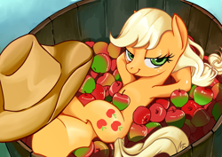 Size: 3507x2480 | Tagged: safe, artist:gashiboka, character:applejack, species:earth pony, species:pony, apple, applejack's hat, arm behind head, barrel, bedroom eyes, clothing, cowboy hat, crossed legs, female, foodplay, freckles, hat, high res, looking at you, lying down, mare, on back, pile, solo, stetson