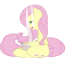 Size: 1280x1141 | Tagged: dead source, safe, artist:kryptchild, character:fluttershy, species:pegasus, species:pony, bong, drugs, female, flutterhigh, high, hippieshy, mare, marijuana, simple background, sitting, solo, vapor, white background