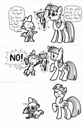 Size: 600x906 | Tagged: safe, artist:queencold, character:spike, character:twilight sparkle, character:twilight sparkle (unicorn), species:dragon, species:pony, species:unicorn, black and white, comic, crying, female, grayscale, lineart, magic, male, mare, monochrome, plushie, telekinesis