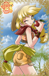 Size: 824x1280 | Tagged: safe, artist:mauroz, character:applejack, species:human, apple, ass, butt, eating, female, food, humanized, midriff, one eye closed, solo, wink