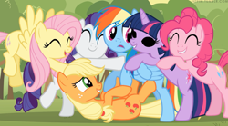 Size: 1280x712 | Tagged: safe, artist:capnpea, edit, character:applejack, character:fluttershy, character:pinkie pie, character:rainbow dash, character:rarity, character:twilight sparkle, alien eyes, eye scream, group hug, hatless, mane six, missing accessory, wat