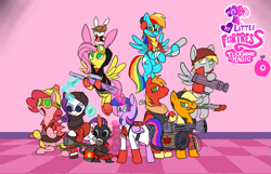 Size: 1477x949 | Tagged: safe, artist:metal-kitty, character:angel bunny, character:applejack, character:big mcintosh, character:derpy hooves, character:fluttershy, character:pinkie pie, character:rainbow dash, character:rarity, character:spike, character:twilight sparkle, character:twilight sparkle (alicorn), species:alicorn, species:earth pony, species:pegasus, species:pony, species:unicorn, bunny ears, clothing, dangerous mission outfit, demo jack, demoman, derpy soldier, engie pie, engineer, female, flying, glasses, glowing horn, goggles, gun, hat, heavy, heavy mac, heavy weapons guy, hooves, horn, levitation, machine gun, magic, male, mane seven, mane six, mare, medic, open mouth, optical sight, pyro, rainbow scout, rarispy, red team, rifle, scout, sniper, sniper rifle, snipershy, soldier, spike pyro, spread wings, spy, stallion, team fortress 2, telekinesis, text, twi medic, weapon, wings