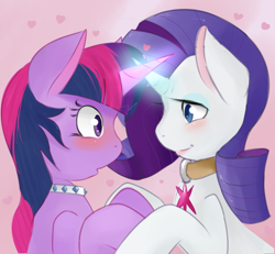 Size: 1630x1505 | Tagged: safe, artist:kryptchild, character:rarity, character:twilight sparkle, ship:rarilight, :o, blushing, collar, cutie mark collar, eye contact, female, heart, holding hooves, hornboner, horns are touching, lesbian, magic, open mouth, shipping, smiling, wide eyes