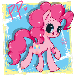 Size: 750x750 | Tagged: safe, artist:snow angel, character:pinkie pie, species:earth pony, species:pony, abstract background, blushing, chest fluff, cute, diapinkes, female, heart, mare, open mouth, pixiv, solo