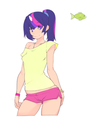 Size: 578x738 | Tagged: safe, artist:doxy, character:twilight sparkle, species:human, alternate hairstyle, clothing, female, fish, horned humanization, humanized, light skin, looking at you, off shoulder, shorts, simple background, solo, white background