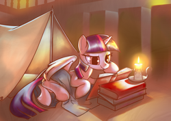 Size: 3507x2480 | Tagged: safe, artist:gashiboka, character:twilight sparkle, character:twilight sparkle (alicorn), species:alicorn, species:pony, g4, book, camping, candle, female, head on hoof, indoors, lying down, mare, on side, reading, solo, tent, three quarter view