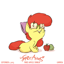 Size: 1000x1000 | Tagged: safe, artist:capnpea, character:apple bloom, species:earth pony, species:pony, comic:three apples, apple, female, filly, foodplay, smiling, solo