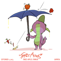 Size: 1000x1000 | Tagged: safe, artist:capnpea, character:spike, species:dragon, comic:three apples, apple, looking up, male, solo, umbrella, wat