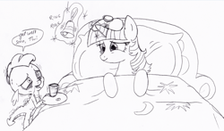 Size: 800x470 | Tagged: safe, artist:queencold, character:spike, character:twilight sparkle, species:dragon, species:pony, bags under eyes, bed, bell, blanket, cup, drink, exhausted, female, glass, levitation, magic, male, mare, medicine, messy mane, monochrome, open mouth, pill, pillow, plate, shivering, sick, sketch, skinny, smiling, telekinesis, tired, traditional art, water, wide eyes