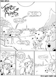 Size: 944x1294 | Tagged: safe, artist:capnpea, character:applejack, species:earth pony, species:pony, comic:three apples, bucking, comic, female, mare, monochrome, orchard, singing, solo, tree, working