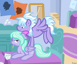 Size: 2542x2104 | Tagged: dead source, safe, artist:furrgroup, character:cloudchaser, character:flitter, species:pegasus, species:pony, bed, bedroom, bow, digital art, duo, duo female, female, flitter is not amused, floppy ears, flying, hair bow, mare, mirror, mouth hold, paper, pencil, signature, smiling, spread wings, studying, unamused, wings