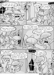 Size: 944x1294 | Tagged: safe, artist:capnpea, character:apple bloom, character:applejack, species:earth pony, species:pony, comic:three apples, angry, clubhouse, comic, crusaders clubhouse, duo, duo female, female, filly, mare, monochrome, night, prone