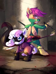 Size: 750x1000 | Tagged: safe, artist:bakki, character:scootaloo, character:sweetie belle, species:pegasus, species:pony, action pose, bipedal, blood, clothing, costume, crossover, fight, hit-girl, kick-ass, mask, ponified, superhero, weapon