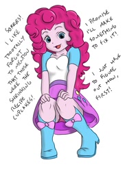 Size: 568x768 | Tagged: safe, artist:alloyrabbit, artist:artisticfox, character:pinkie pie, my little pony:equestria girls, boots, clothing, dialogue, female, frilly underwear, giantess, micro, panties, panty shot, pink underwear, pov, shoes, sitting, skirt, solo, underwear, upskirt