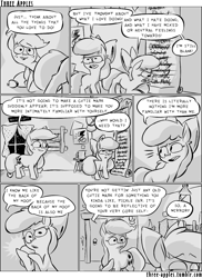 Size: 944x1294 | Tagged: safe, artist:capnpea, character:apple bloom, character:applejack, species:earth pony, species:pony, comic:three apples, angry, clubhouse, comic, crusaders clubhouse, duo, duo female, female, filly, mare, monochrome, night