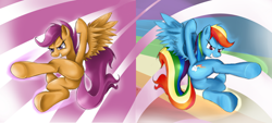 Size: 3122x1409 | Tagged: safe, artist:gsphere, artist:starlightspark, character:rainbow dash, character:scootaloo, species:pegasus, species:pony, action pose, duo, fight