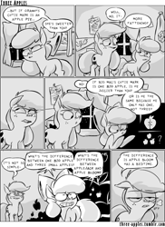 Size: 944x1294 | Tagged: safe, artist:capnpea, character:apple bloom, character:applejack, species:earth pony, species:pony, comic:three apples, clubhouse, comic, crusaders clubhouse, duo, duo female, female, filly, mare, monochrome, night