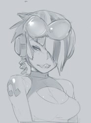 Size: 500x674 | Tagged: safe, artist:doxy, character:dj pon-3, character:vinyl scratch, species:human, female, grayscale, hair over one eye, headphones, humanized, portrait, solo, tongue out