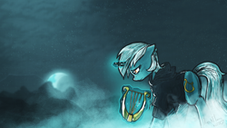 Size: 6000x3375 | Tagged: safe, artist:darkflame75, character:lyra heartstrings, fanfic:background pony, clothing, female, fog, hoodie, lyre, moon, night, sad, solo