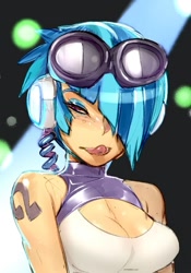 Size: 400x572 | Tagged: safe, artist:doxy, character:dj pon-3, character:vinyl scratch, species:human, breasts, busty vinyl scratch, cleavage, cutie mark on human, eyeshadow, female, hair over one eye, headphones, humanized, keyhole shirt, makeup, portrait, solo, stupid sexy vinyl, tongue out