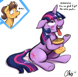 Size: 1280x1270 | Tagged: safe, artist:nekocrispy, character:caramel, character:twilight sparkle, ship:caralight, ahegao, eating, female, food, male, pea, shipping, sitting, straight, tongue out
