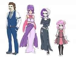 Size: 1800x1350 | Tagged: safe, artist:bakki, character:cookie crumbles, character:hondo flanks, character:rarity, character:sweetie belle, species:human, ship:cookieflanks, clothing, dress, family, humanized, light skin, rarity's parents, shipping, simple background, sketch, suit