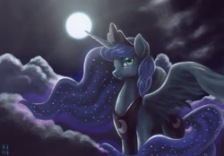 Size: 2019x1405 | Tagged: safe, artist:mrs1989, character:princess luna, species:alicorn, species:pony, backlighting, bedroom eyes, cloud, cloudy, ethereal mane, featured on derpibooru, female, full moon, galaxy mane, looking at you, moon, night, smiling, solo, spread wings, wings