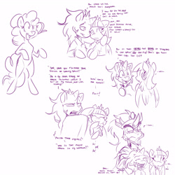 Size: 3200x3200 | Tagged: safe, artist:bluntwhiskey, character:king sombra, character:pinkie pie, oc, oc:feathermoon, oc:nightweaver, parent:king sombra, parent:twilight sparkle, parents:twibra, brother, brother and sister, monochrome, offspring, sister