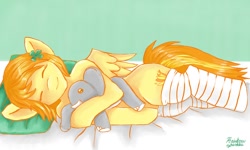 Size: 1200x720 | Tagged: safe, artist:rainbowsprinklesart, character:spitfire, species:pegasus, species:pony, clothing, clover, cute, elephant, eyes closed, female, four leaf clover, mare, plushie, sleeping, socks, solo, striped socks, thigh highs
