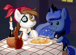 Size: 1920x1392 | Tagged: safe, artist:dstears, character:pipsqueak, character:princess luna, ship:lunapip, candle, cute, eating, female, filly, lady and the tramp, male, pipsqueak eating spaghetti, plushie, shipping, smiling, spaghetti, spaghetti scene, straight, style emulation, waifu dinner, woona