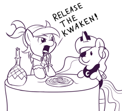 Size: 800x734 | Tagged: safe, artist:dstears, character:pipsqueak, character:princess luna, ship:lunapip, candle, clash of the titans, cute, female, filly, kraken, lineart, male, monochrome, pipsqueak eating spaghetti, pirate, pirate costume, pirates of the caribbean, plushie, release the kraken, shipping, spaghetti, straight, style emulation, waifu dinner, woona