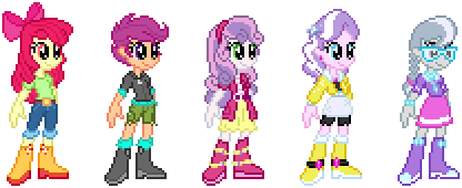 Size: 416x170 | Tagged: safe, artist:botchan-mlp, character:apple bloom, character:diamond tiara, character:scootaloo, character:silver spoon, character:sweetie belle, species:pegasus, species:pony, desktop ponies, my little pony:equestria girls, boots, braid, cute, cutie mark crusaders, diamondbetes, female, glasses, jewelry, pixel art, shoes, silverbetes, simple background, sprite, standing, tiara, transparent background