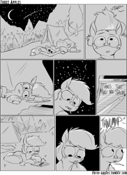Size: 944x1294 | Tagged: safe, artist:capnpea, character:applejack, species:earth pony, species:pony, comic:three apples, comic, crescent moon, female, monochrome, mouth hold, night, notepad, on back, pencil, pillow, prone, shooting star, solo, tent
