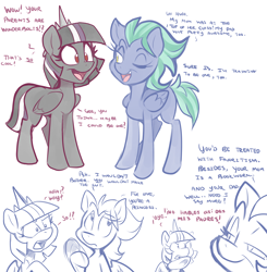 Size: 4500x4600 | Tagged: safe, artist:bluntwhiskey, oc, oc only, oc:feathermoon, oc:prism dust, parent:king sombra, parent:rainbow dash, parent:thunderlane, parent:twilight sparkle, parents:thunderdash, parents:twibra, species:pegasus, species:pony, absurd resolution, dialogue, offspring, simple background, white background