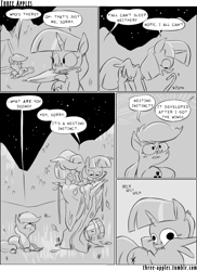 Size: 944x1294 | Tagged: safe, artist:capnpea, character:applejack, character:twilight sparkle, character:twilight sparkle (alicorn), species:alicorn, species:earth pony, species:pony, comic:three apples, behaving like a bird, black and white, bucket, comic, derp, dialogue, duo, duo female, female, frown, furry reminder, grass, grayscale, mare, monochrome, mouth hold, nest, nesting instinct, notepad, preening, prone, speech bubble, spread wings, tent, tree, umbrella, wide eyes, wings, y'all