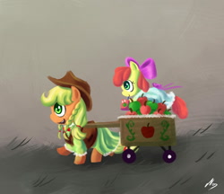Size: 1100x950 | Tagged: safe, artist:ninjaham, character:apple bloom, character:applejack, species:earth pony, species:pony, apple, apple cart, duo, female, grand galloping gala, juice box, siblings, sisters